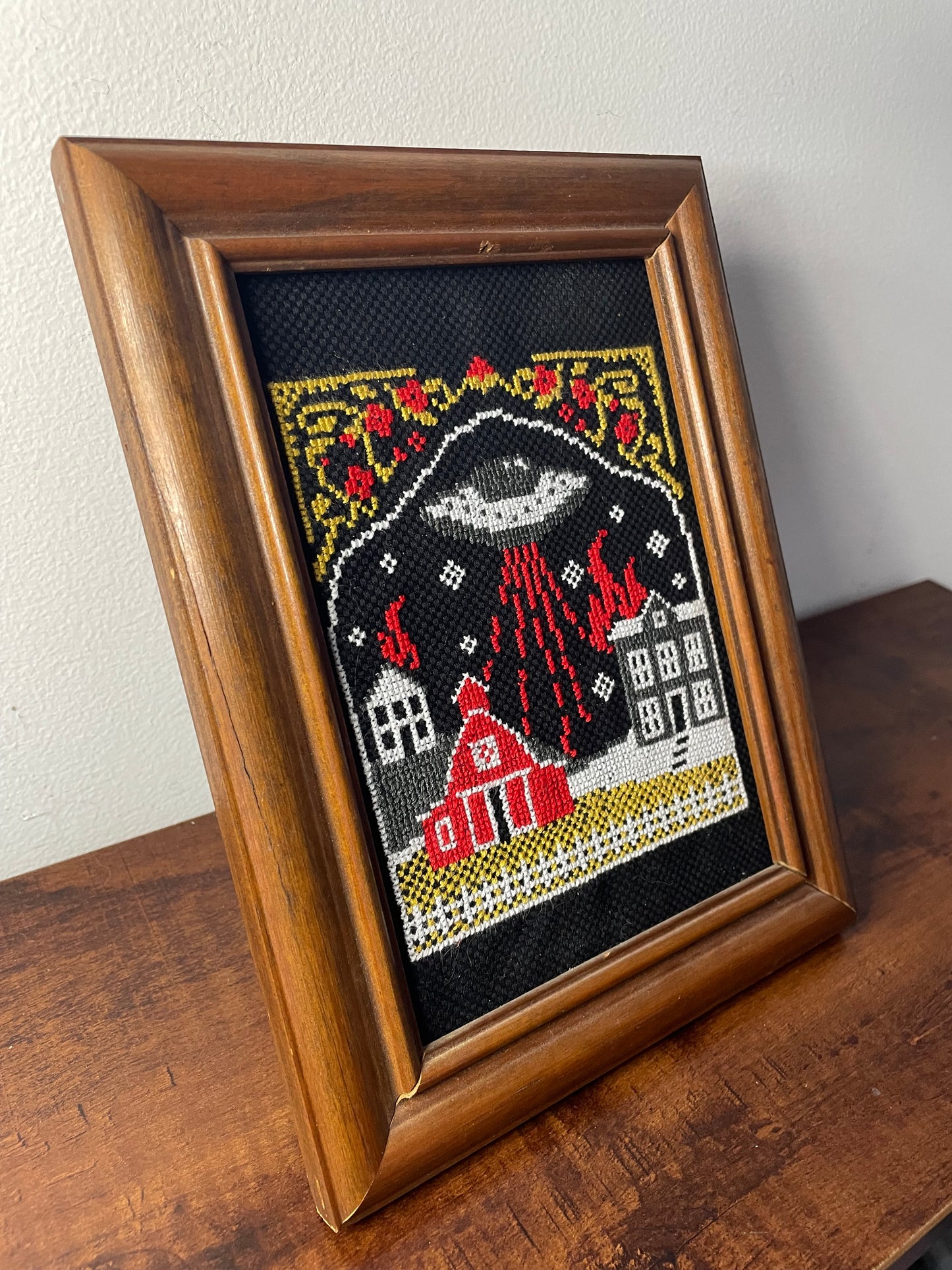 Cross Stitch Vintage UFO Farm Framed