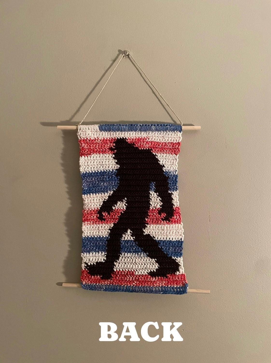 Crochet Red, White, and Bigfoot Hanging Tapestry