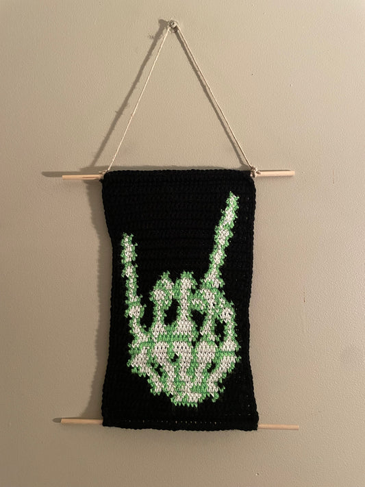 Crochet Glow in the Dark Skeleton  Rock Hand Hanging Tapestry