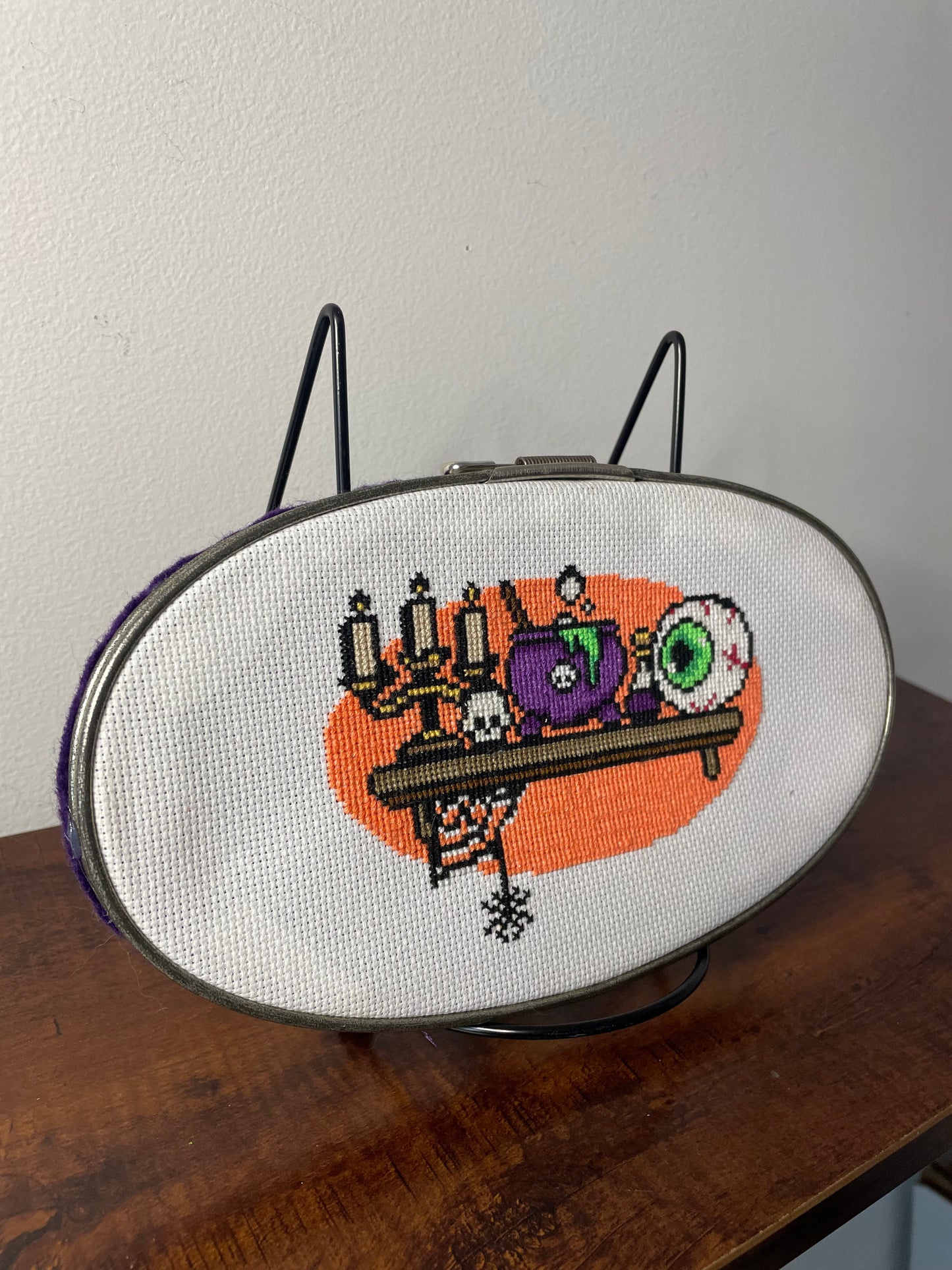 Cross Stitch Witches Shelf in Vintage Metal Hoop