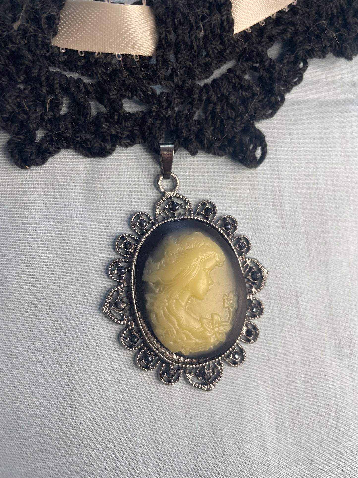 Crochet Lace Victorian Choker with Cameo Pendant