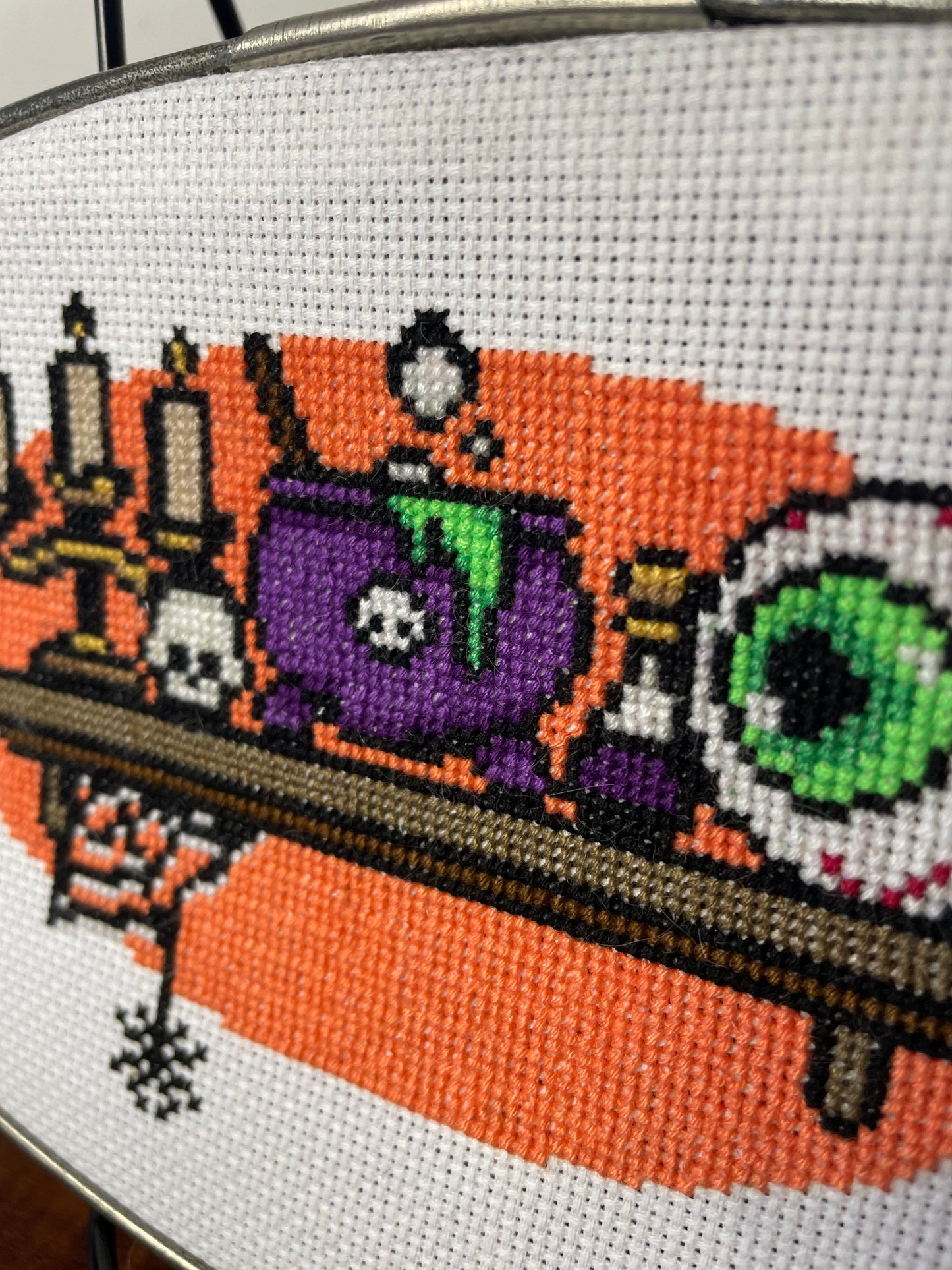 Cross Stitch Witches Shelf in Vintage Metal Hoop