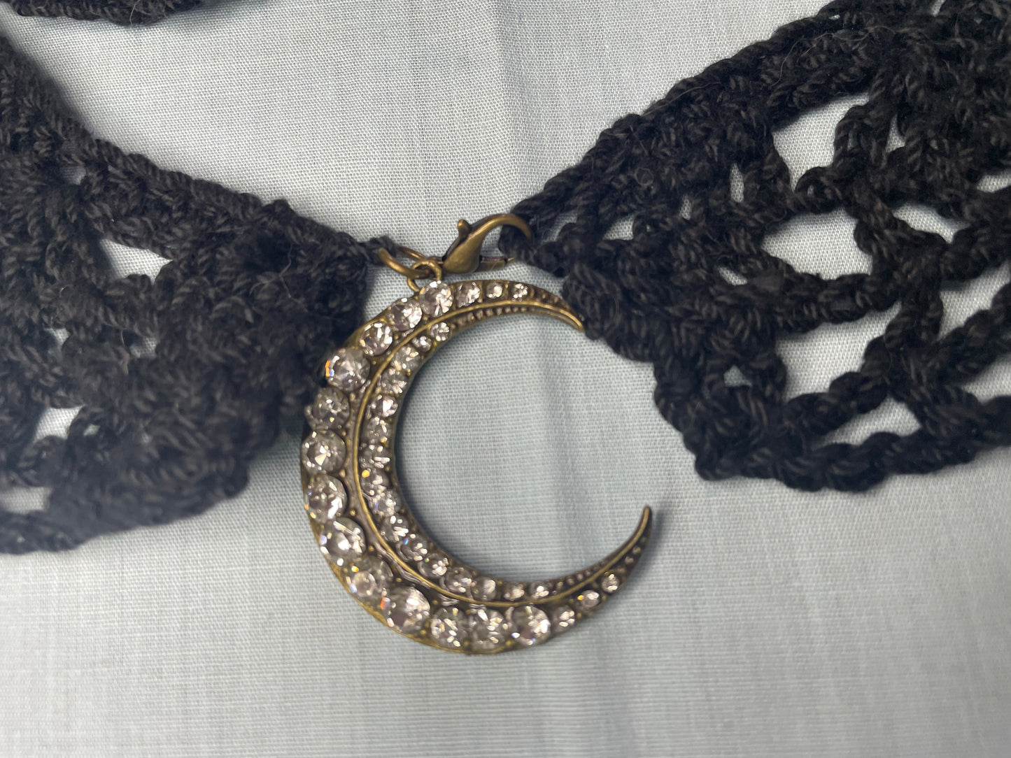 Crochet Black Collar with Moon Pendant Clasp