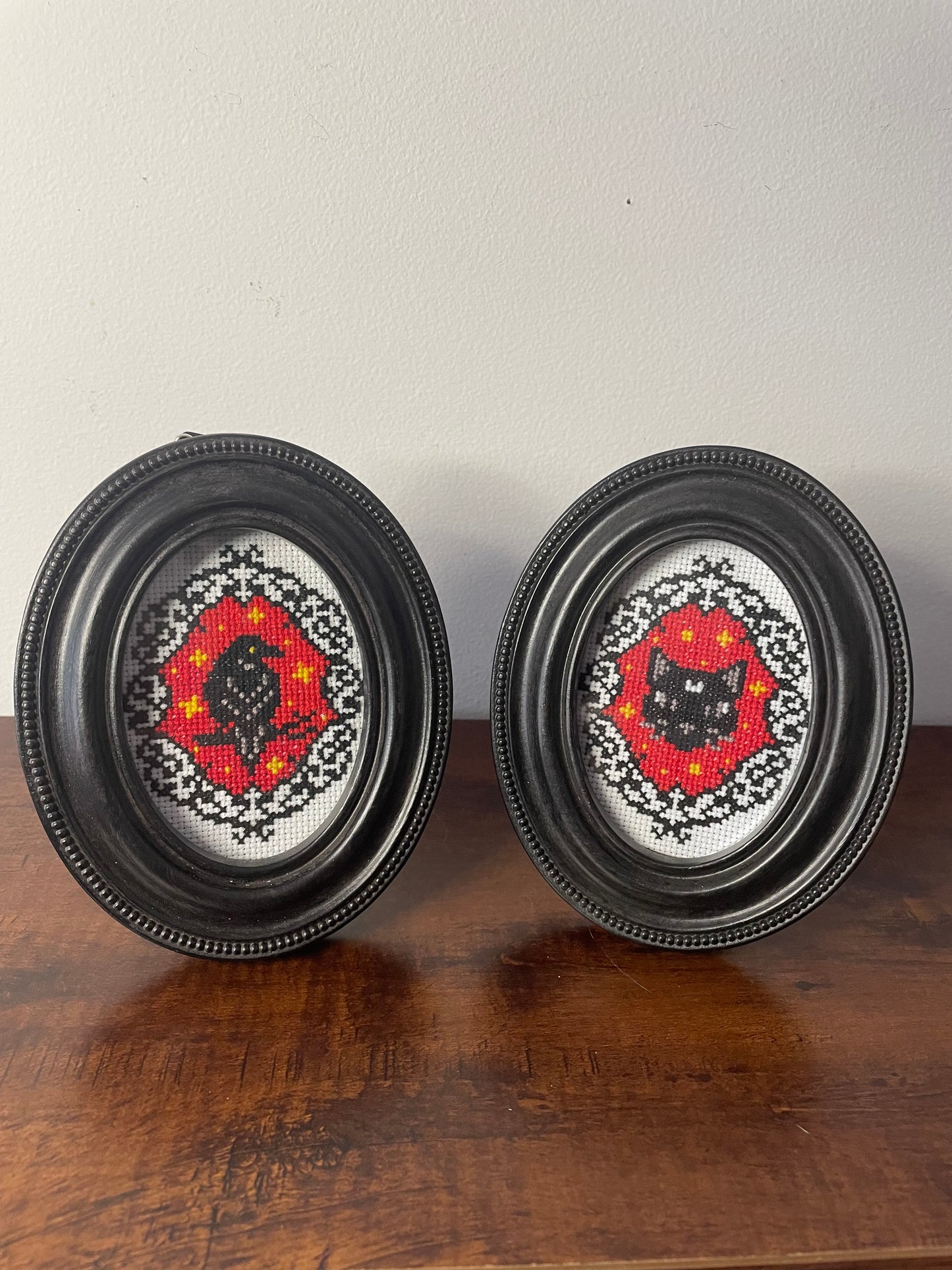 Cross Stitch Gothic Cat and Crow in Oval Frames