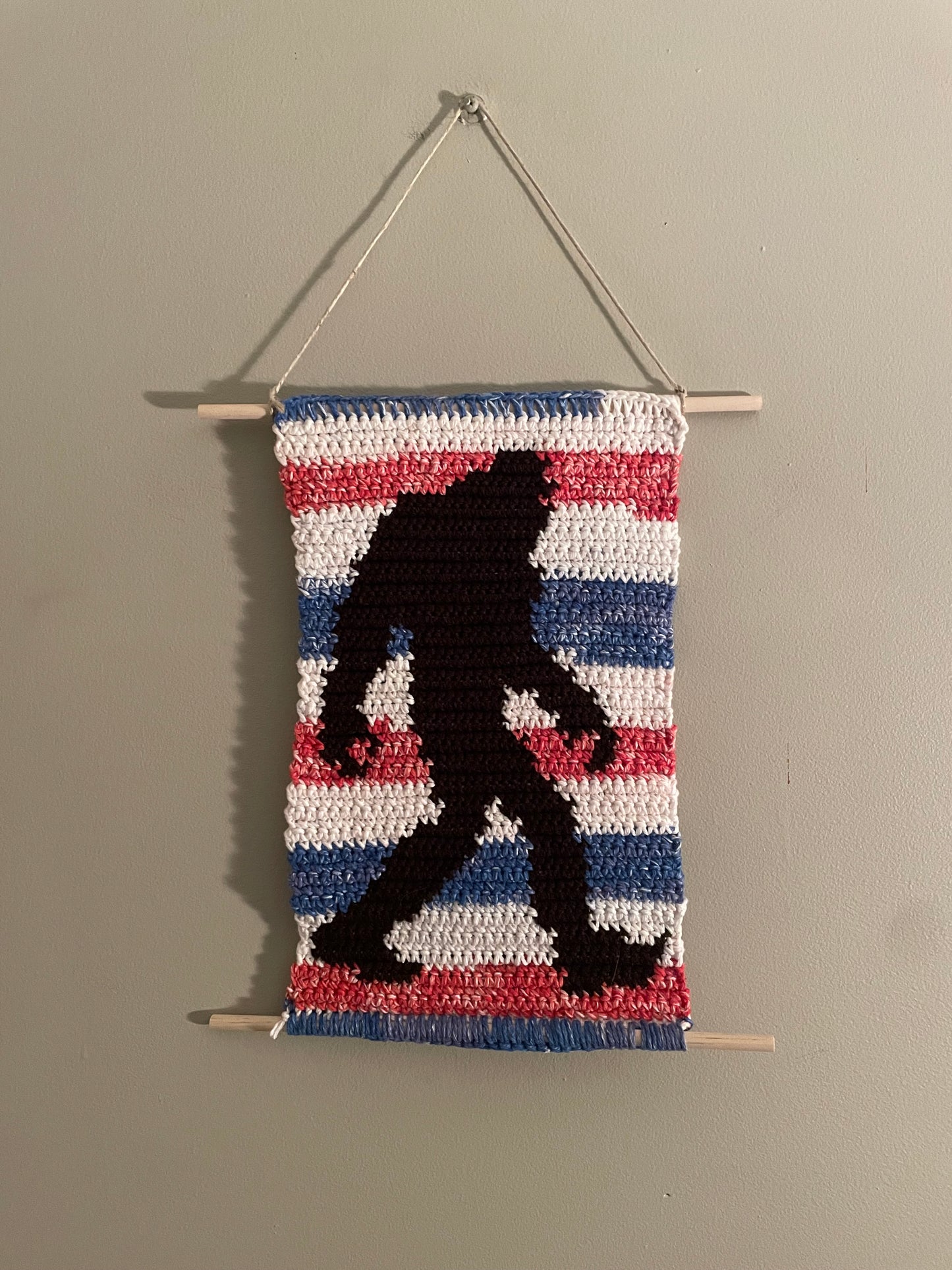 Crochet Red, White, and Bigfoot Hanging Tapestry