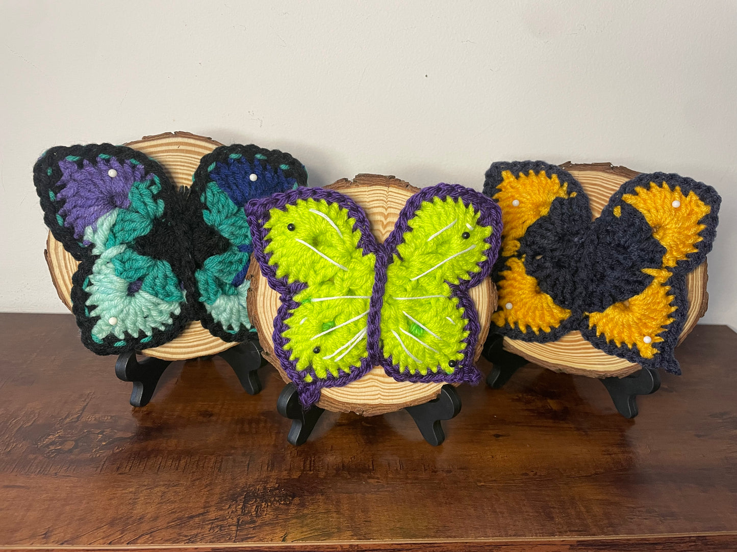 Crochet Pinned Butterflies on Wood