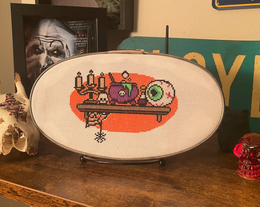 Cross Stitch Witches Shelf in Vintage Metal Hoop