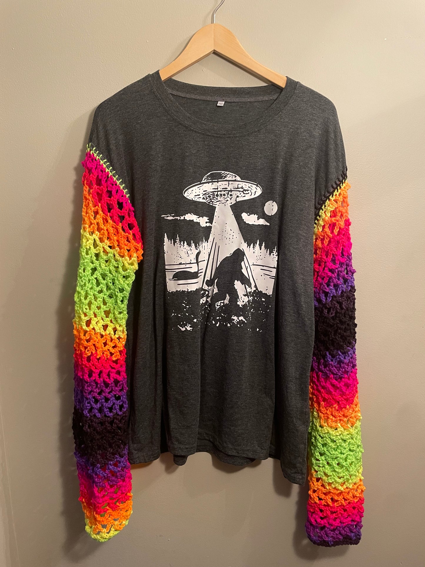 Cryptid Thrifted Upcycled Neon Cryptids Mesh Sleeve Tee Size 2XL