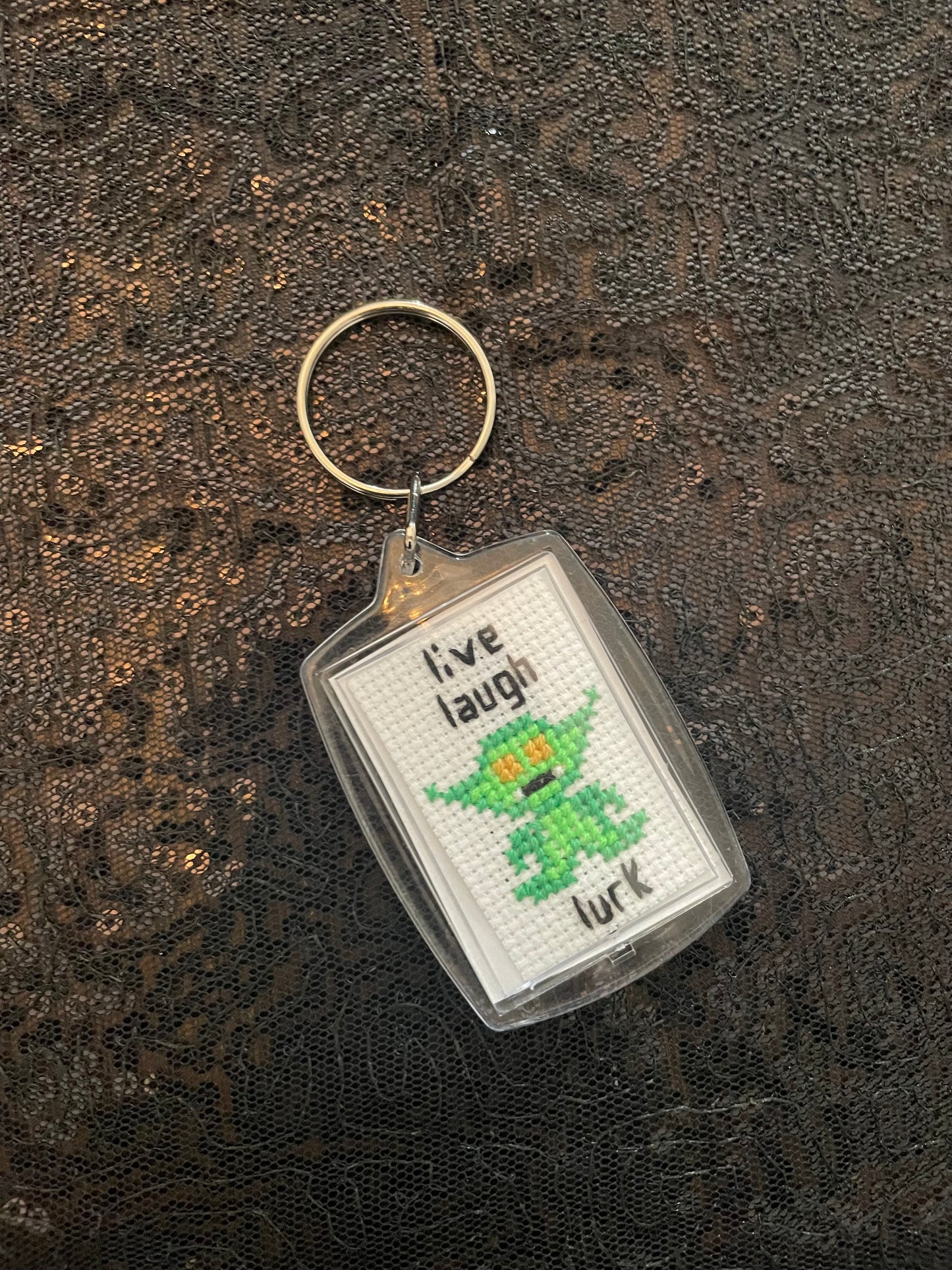 Cross Stitch Live Laugh Lurk Cryptid Keychains