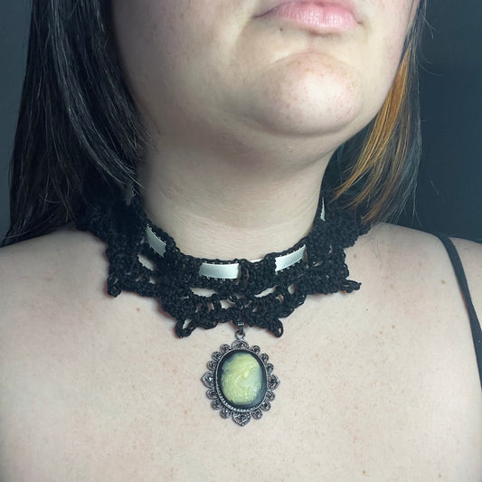 Crochet Lace Victorian Choker with Cameo Pendant