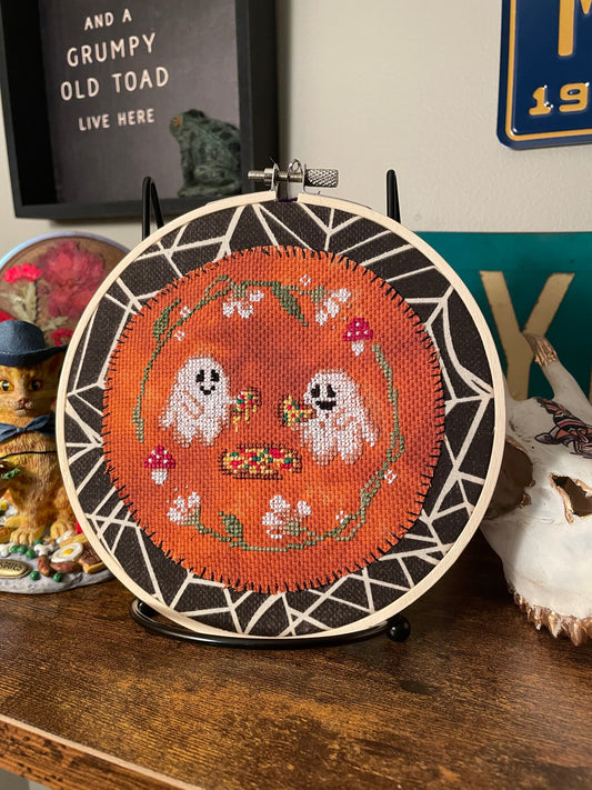 Cross Stitch Pizza Party Ghosts in Hoop