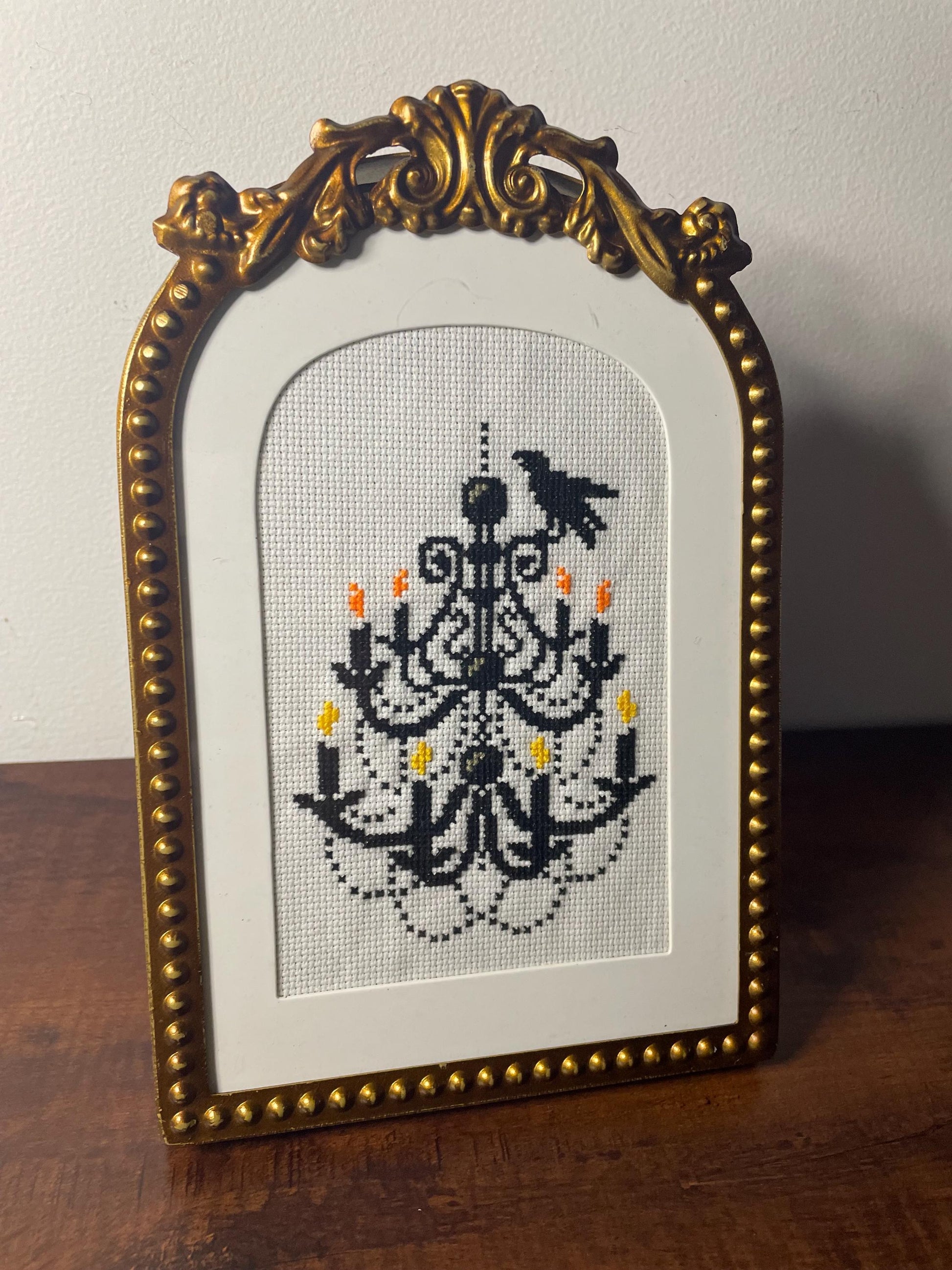 Handmade Cross Stitch Victorian Chandelier in Gold Frame / Vintage Style Goth Home Decor