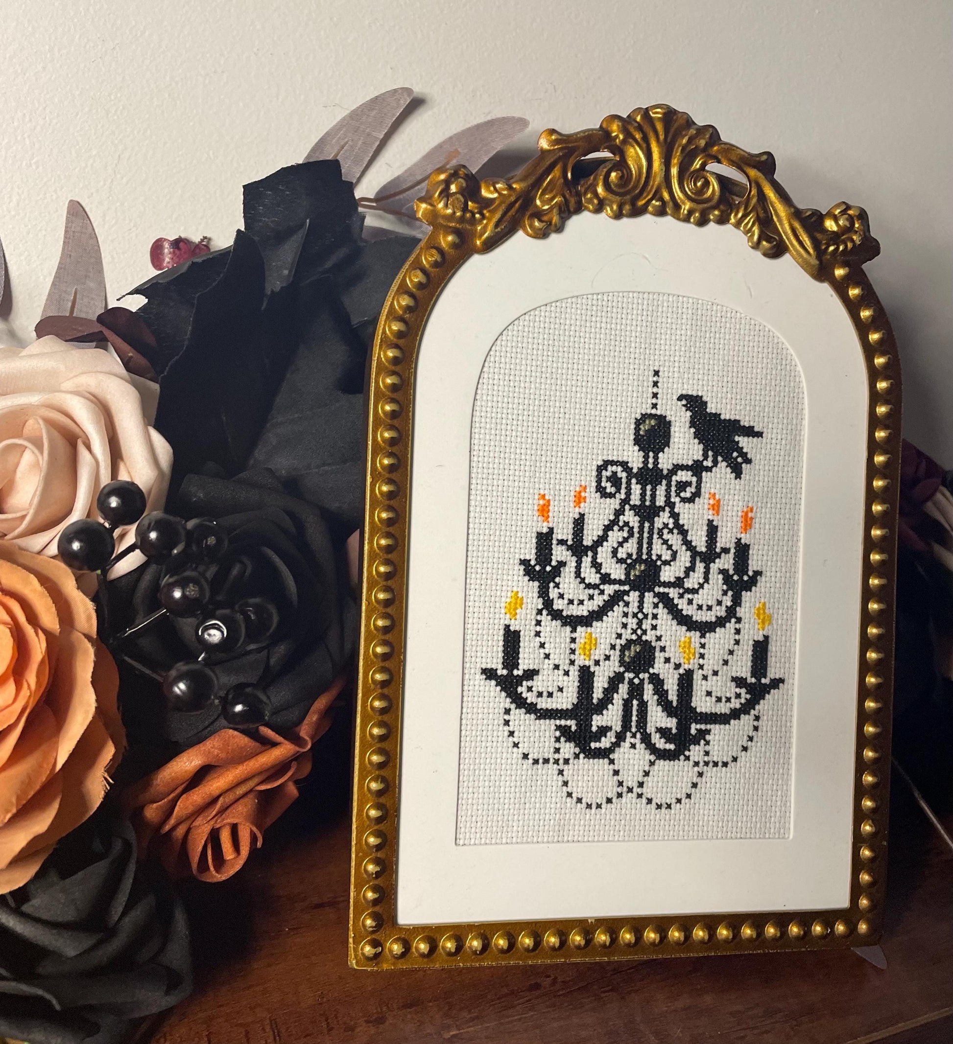 Handmade Cross Stitch Victorian Chandelier in Gold Frame / Vintage Style Goth Home Decor