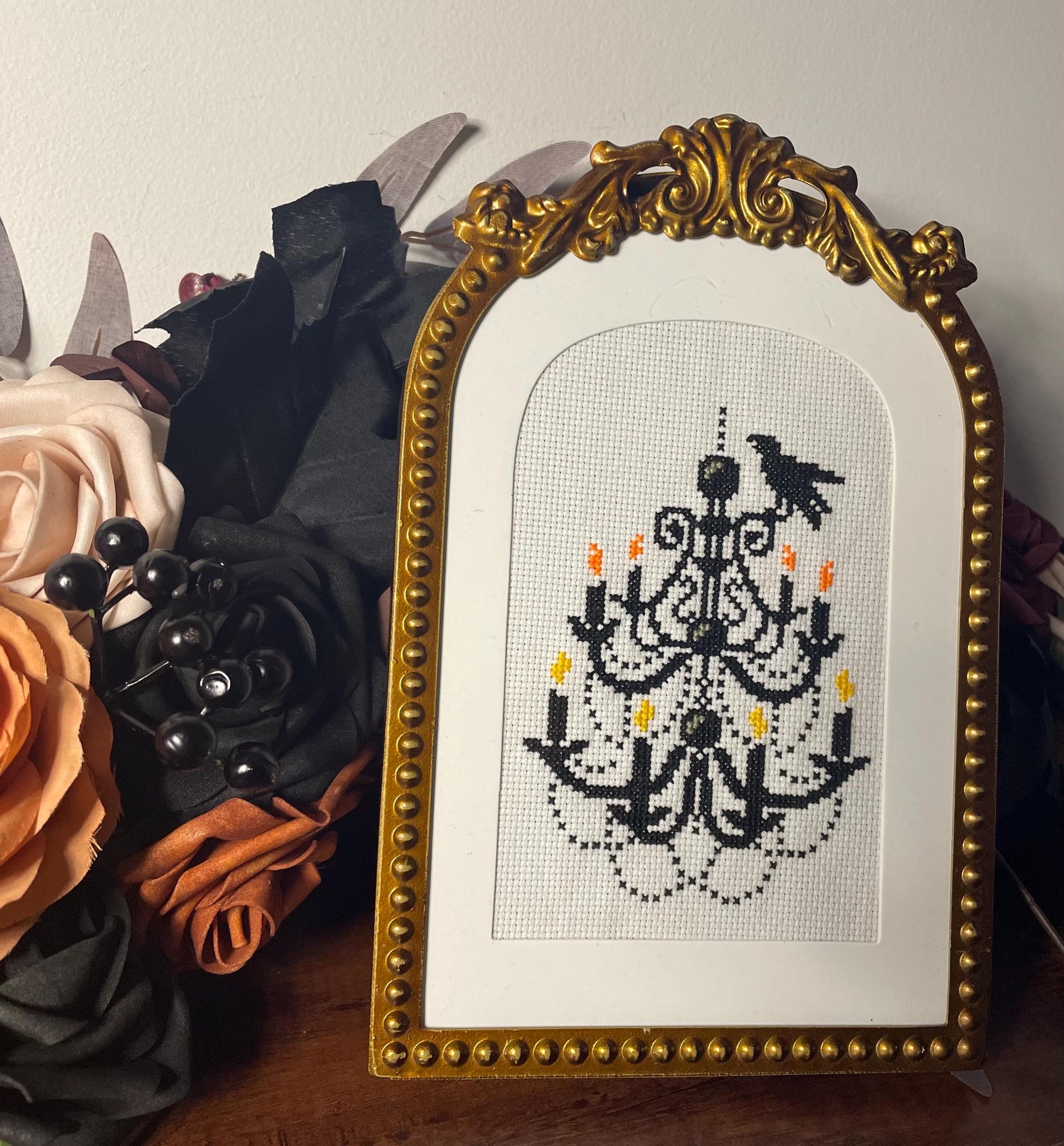 Handmade Cross Stitch Victorian Chandelier in Gold Frame / Vintage Style Goth Home Decor