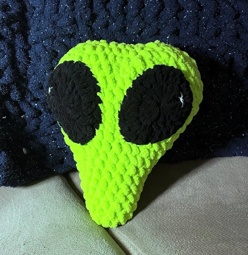 Handmade Chunky Crochet Alien Head Throw Pillow / Unique Weird Space Home Decor
