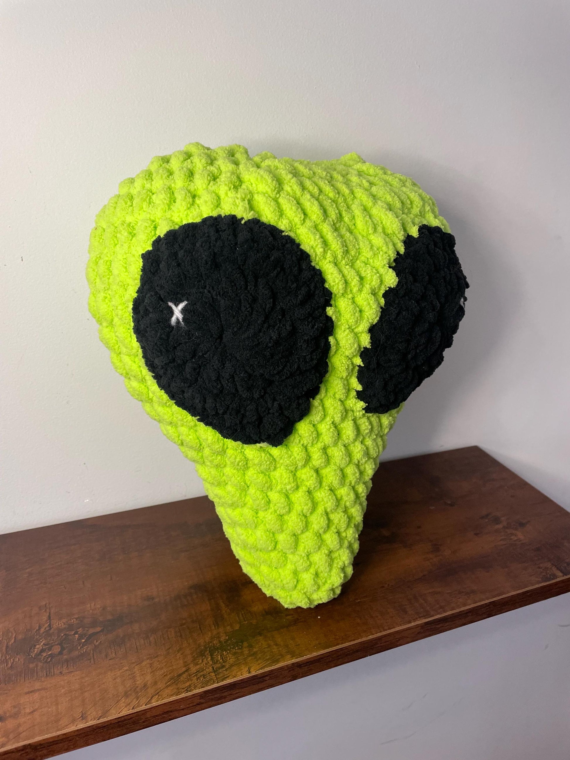 Handmade Chunky Crochet Alien Head Throw Pillow / Unique Weird Space Home Decor