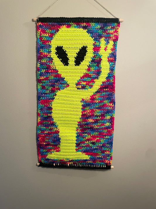 Crochet Rainbow Alien Hanging Tapestry
