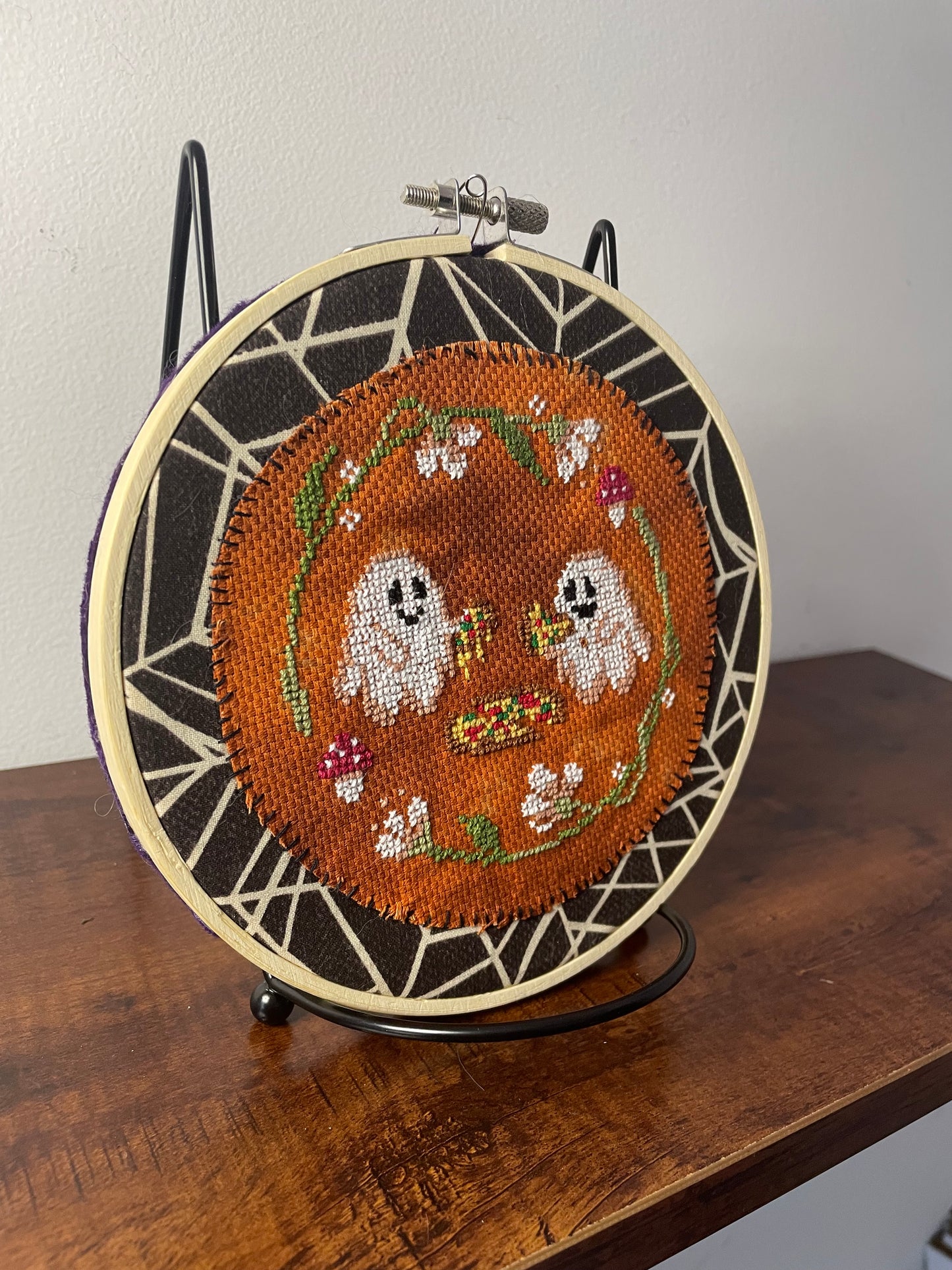 Cross Stitch Pizza Party Ghosts in Hoop
