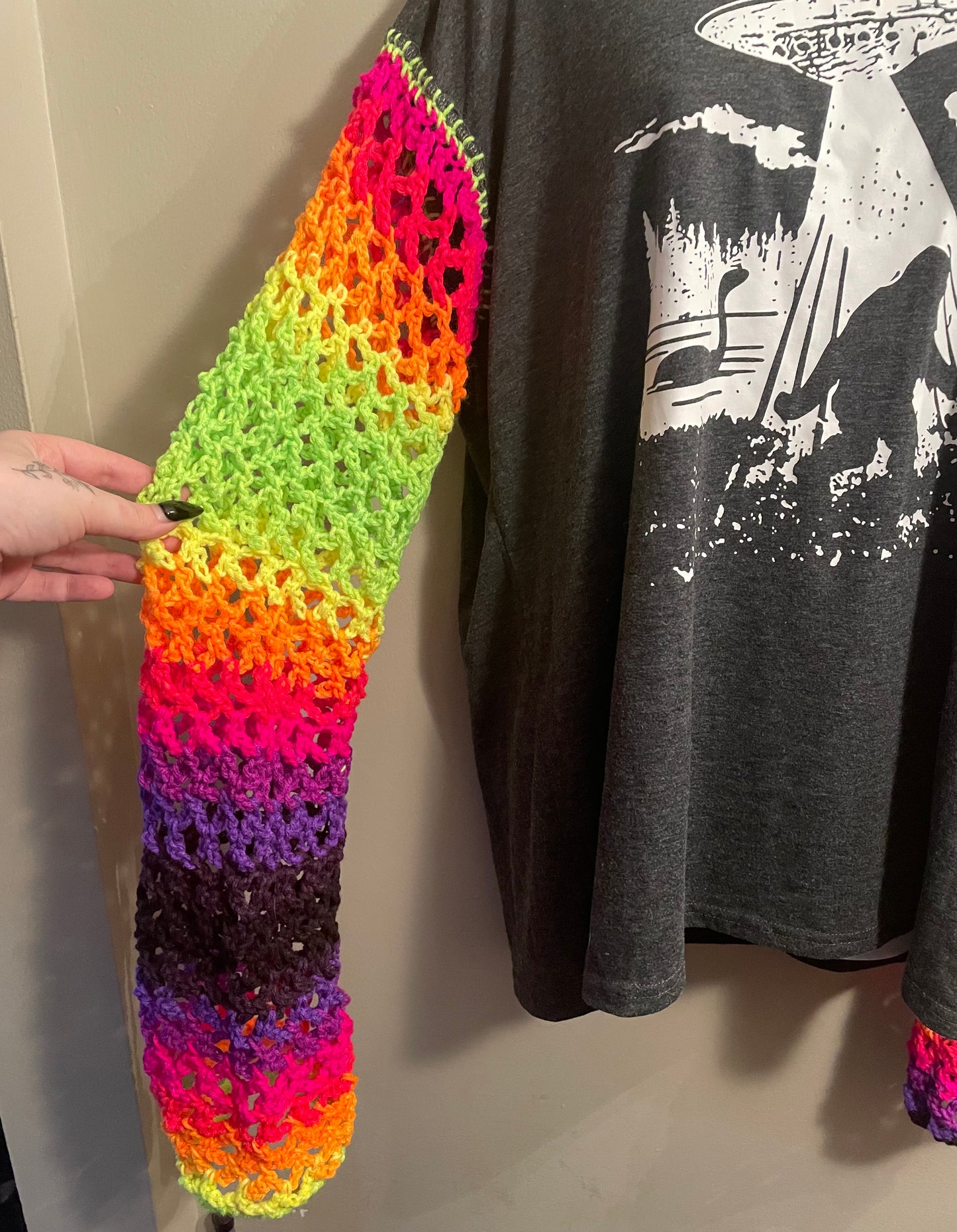 Cryptid Thrifted Upcycled Neon Cryptids Mesh Sleeve Tee Size 2XL