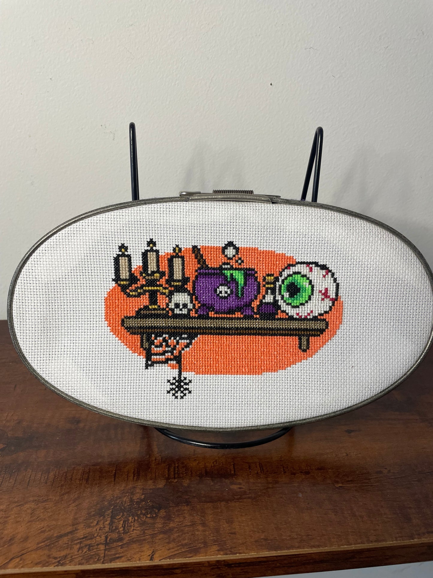 Cross Stitch Witches Shelf in Vintage Metal Hoop