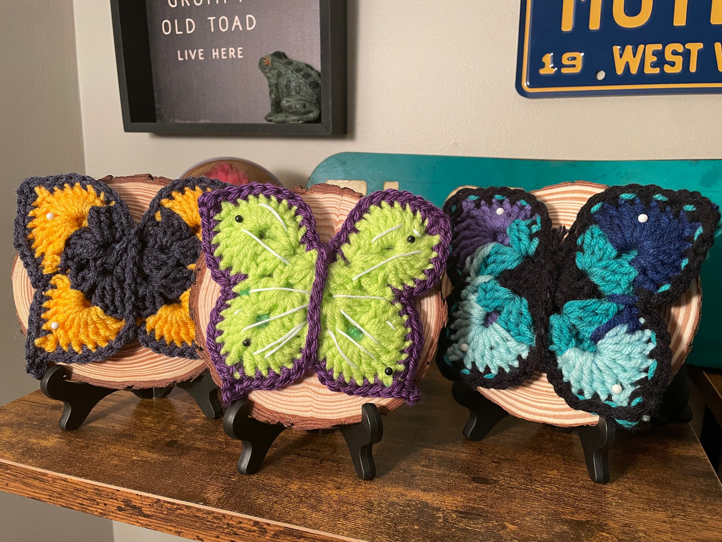 Crochet Pinned Butterflies on Wood