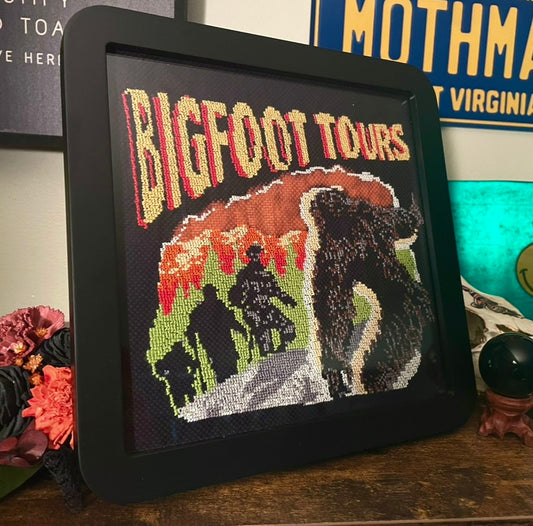 Cross Stitch Bigfoot Tours Framed
