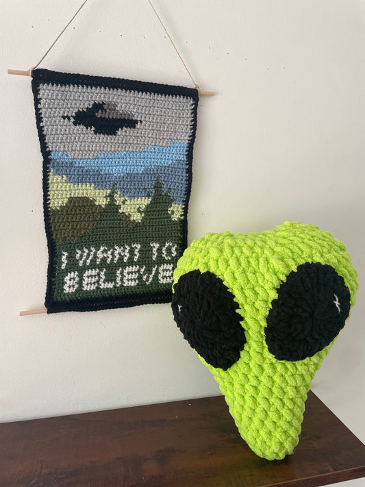 I Want to Believe Tapestry and Alien Head Pillow Bundle