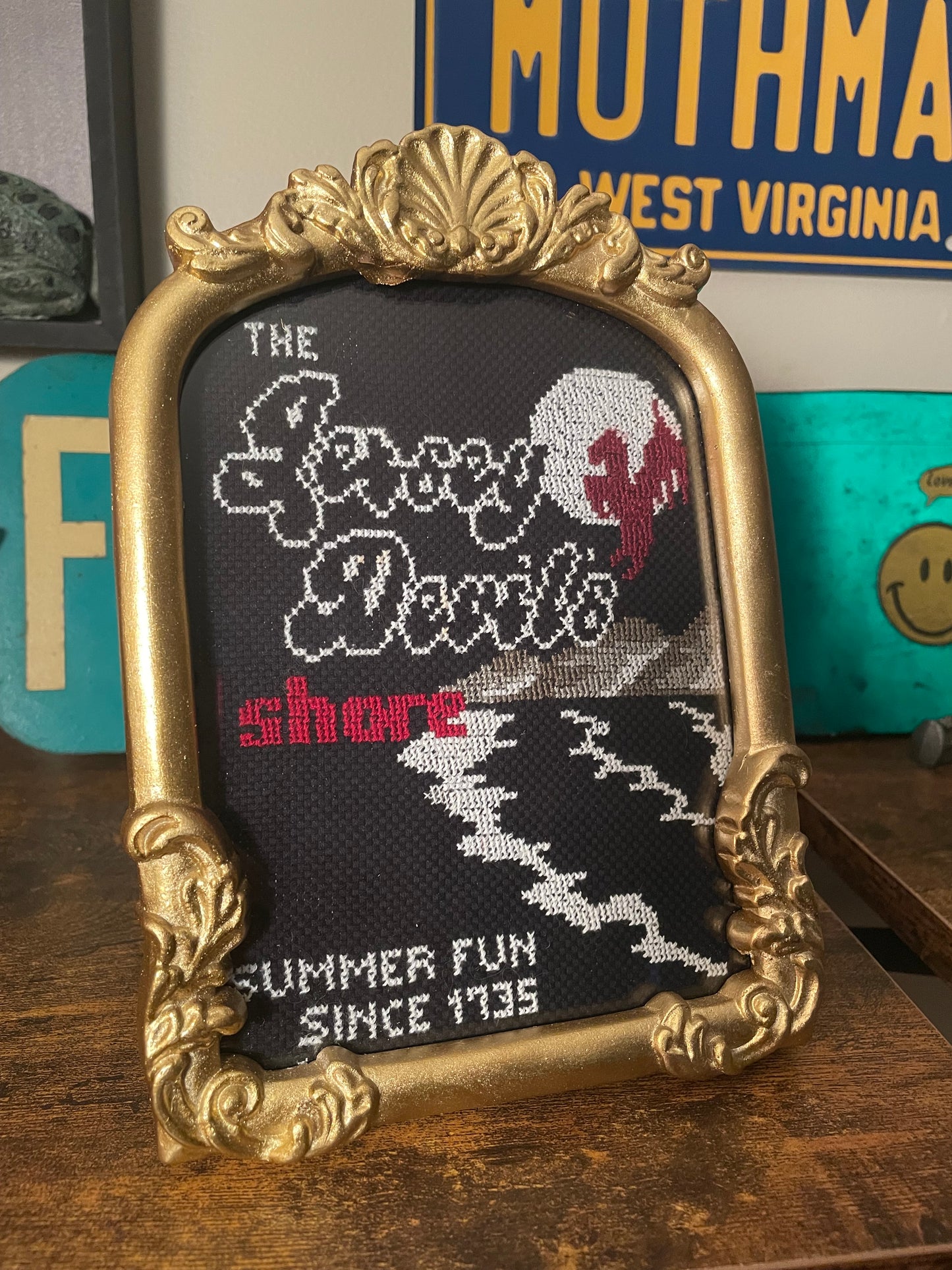 Cross Stitch “The Jersey Devil’s Shore” in Vintage Style Frame