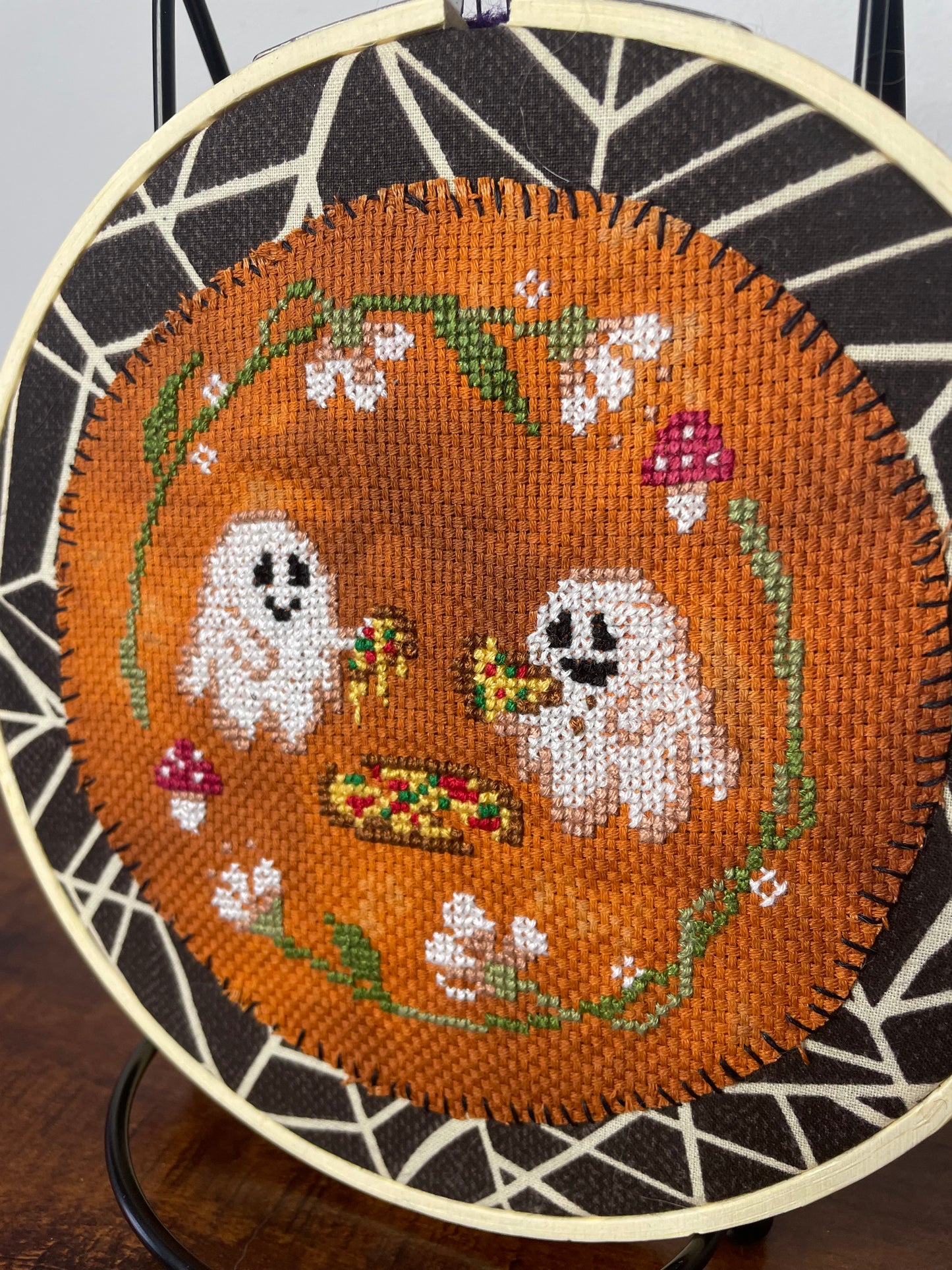 Cross Stitch Pizza Party Ghosts in Hoop