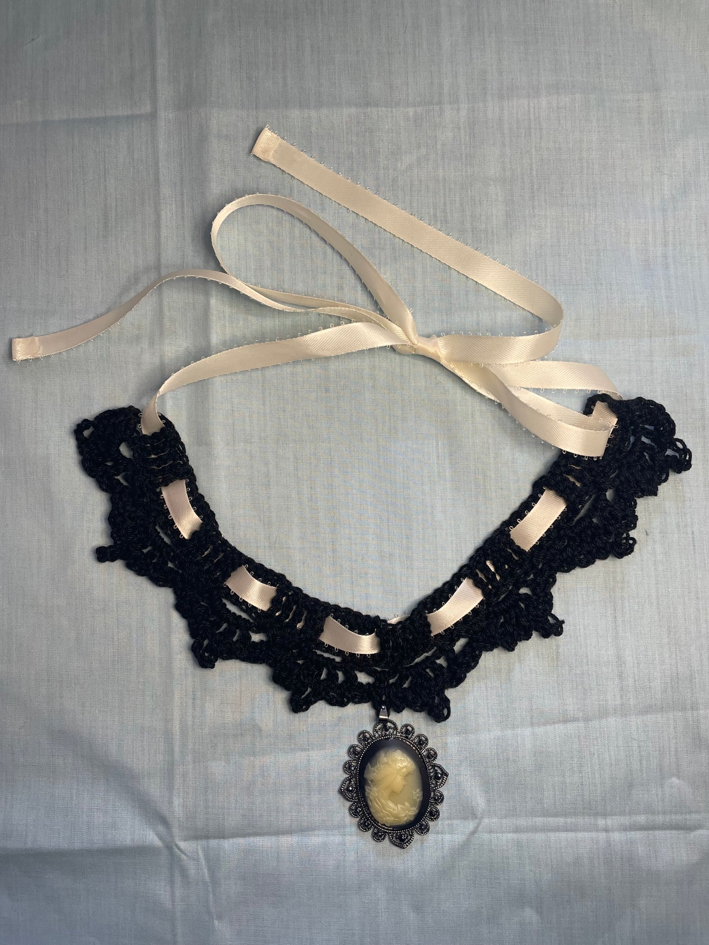 Crochet Lace Victorian Choker with Cameo Pendant