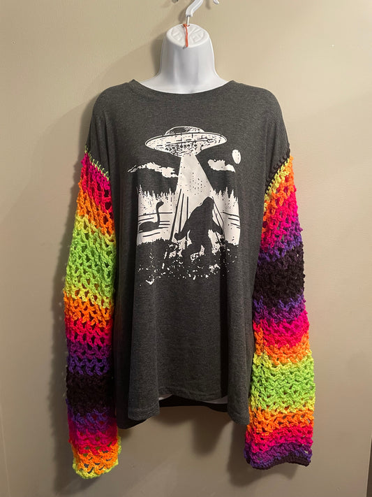 Cryptid Thrifted Upcycled Neon Cryptids Mesh Sleeve Tee Size 2XL