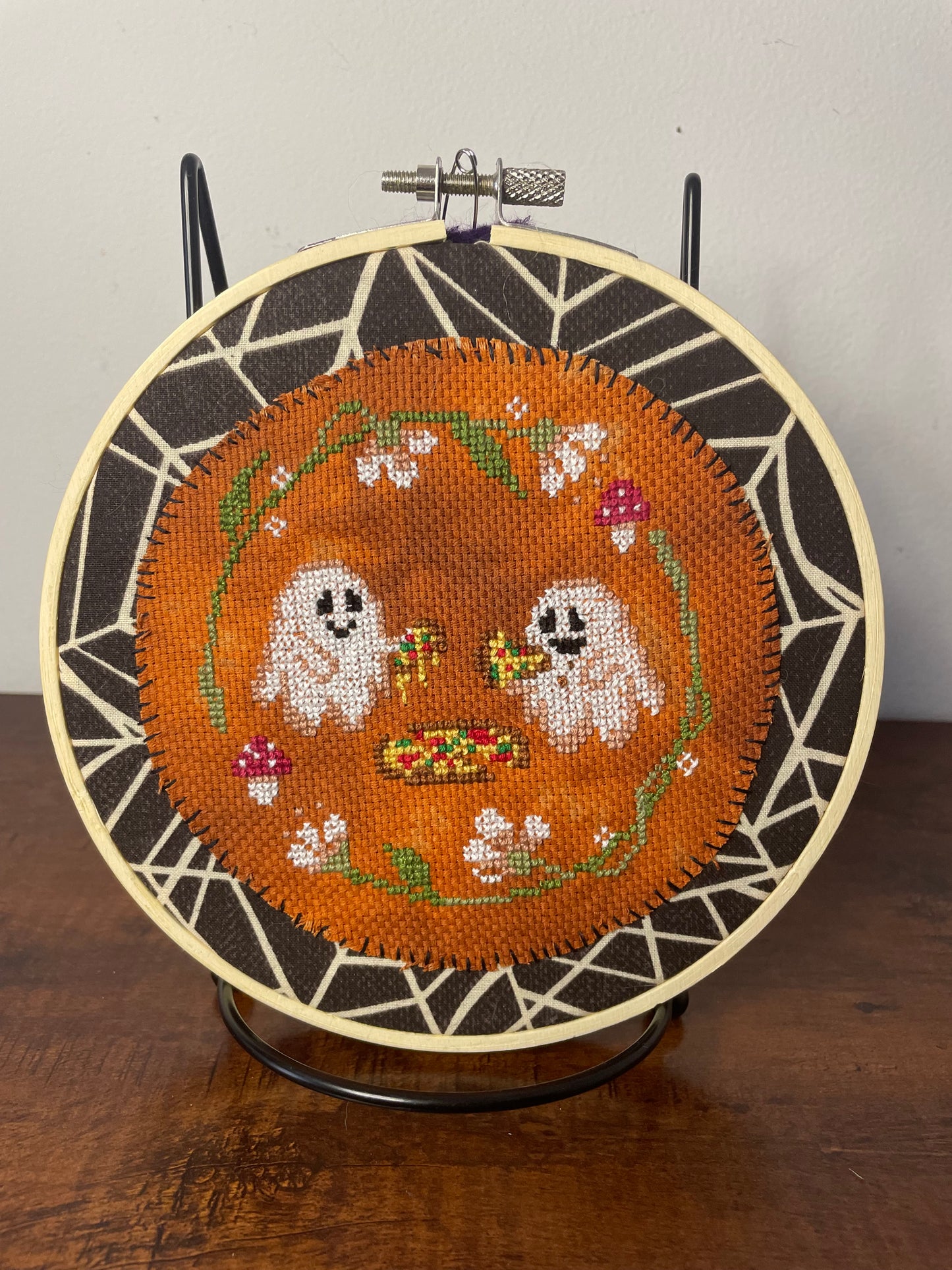Cross Stitch Pizza Party Ghosts in Hoop