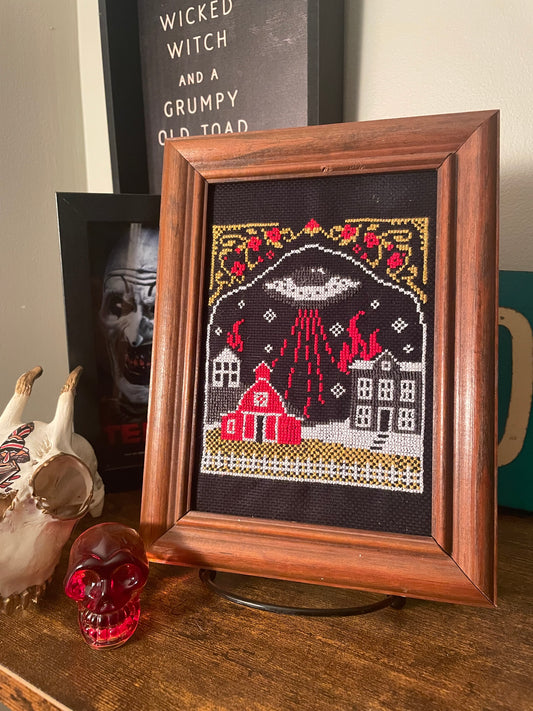Cross Stitch Vintage UFO Farm Framed