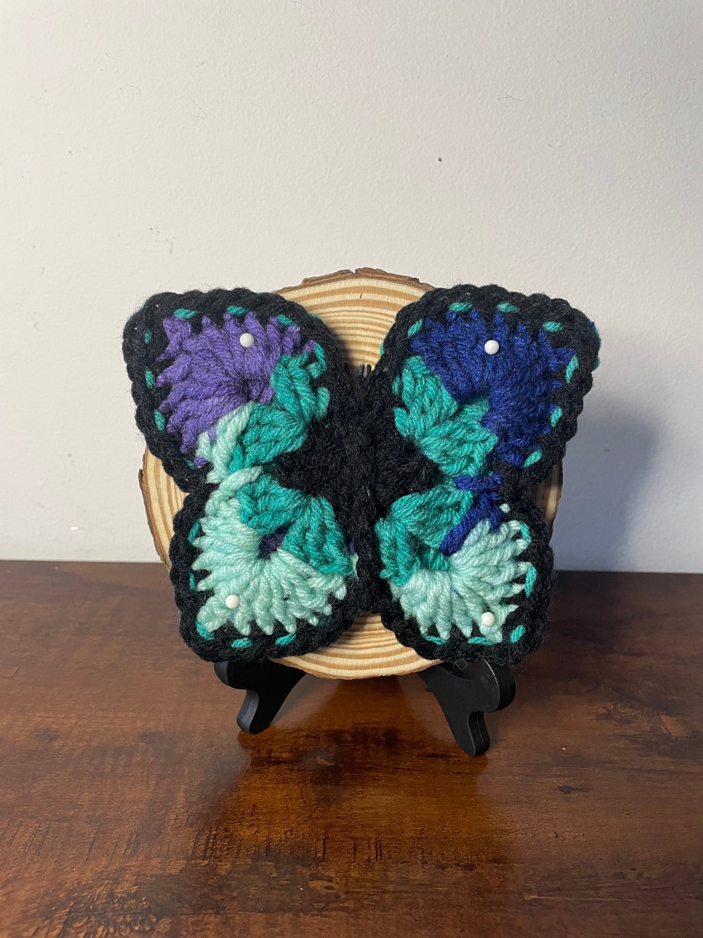 Crochet Pinned Butterflies on Wood