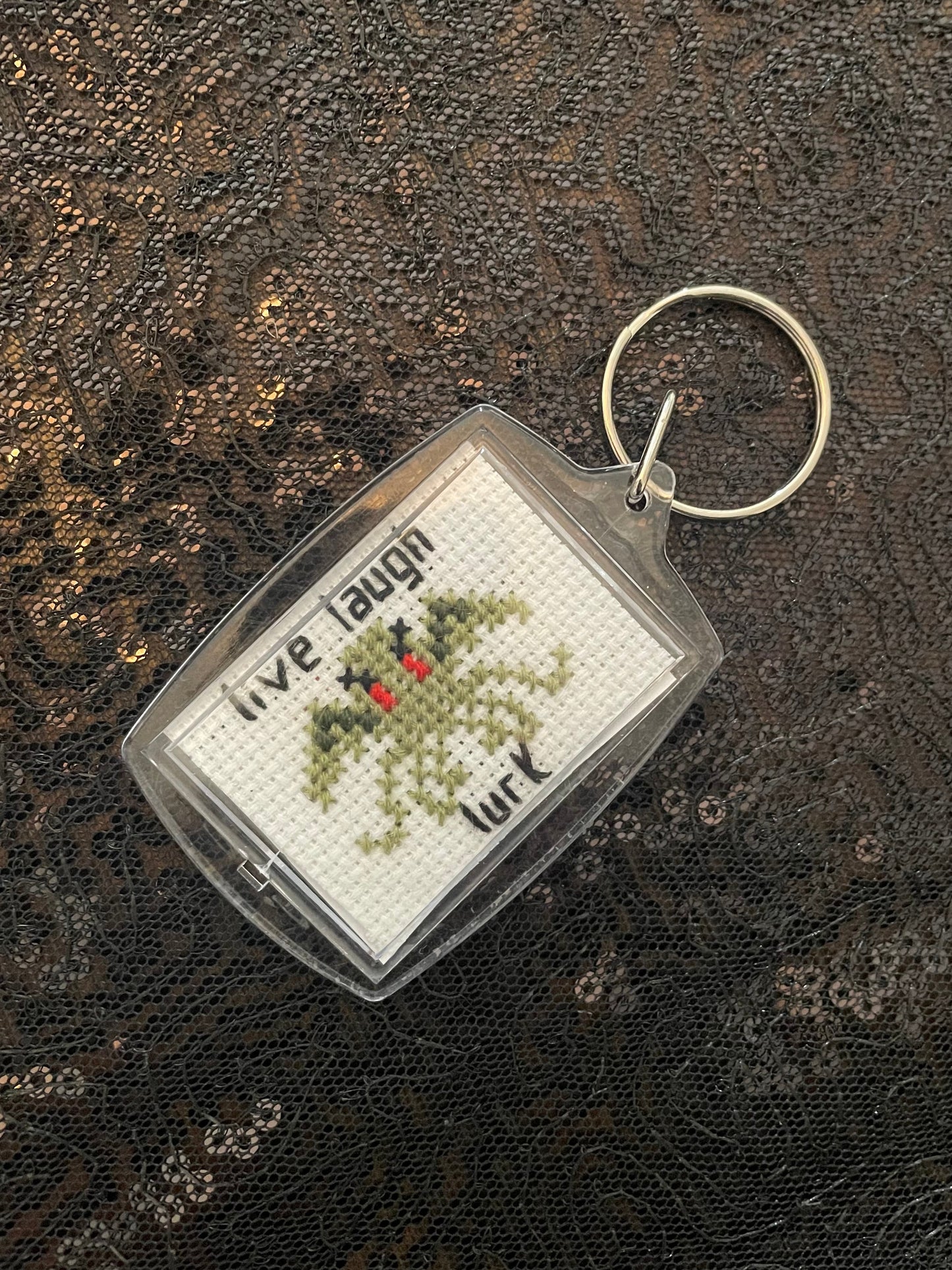 Cross Stitch Live Laugh Lurk Cryptid Keychains