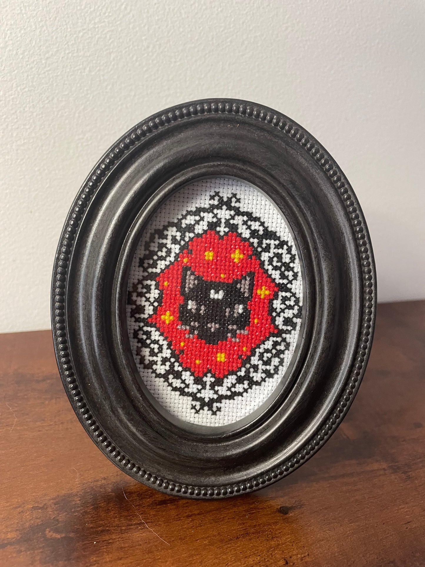 Cross Stitch Gothic Cat and Crow in Oval Frames