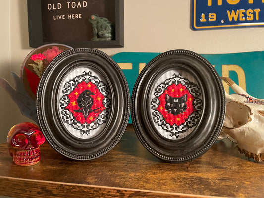 Cross Stitch Gothic Cat and Crow in Oval Frames