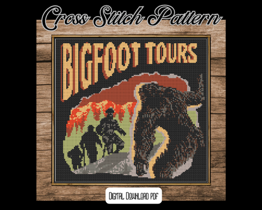 DIGITAL PDF DOWNLOAD* Cross Stitch Pattern Bigfoot Tours Vintage Style