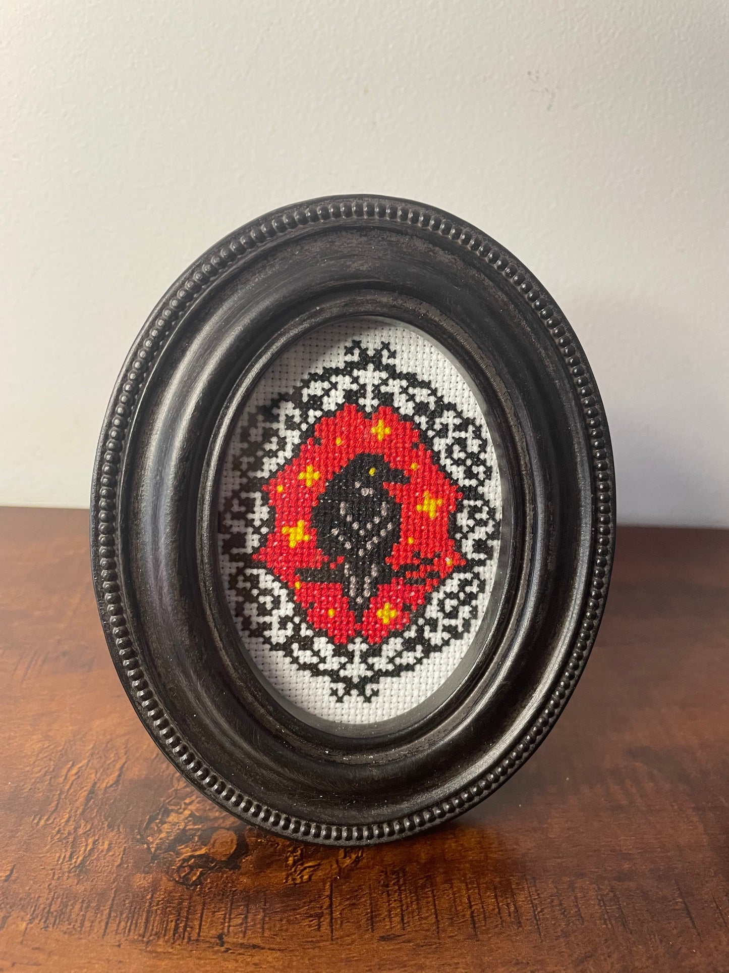 Cross Stitch Gothic Cat and Crow in Oval Frames