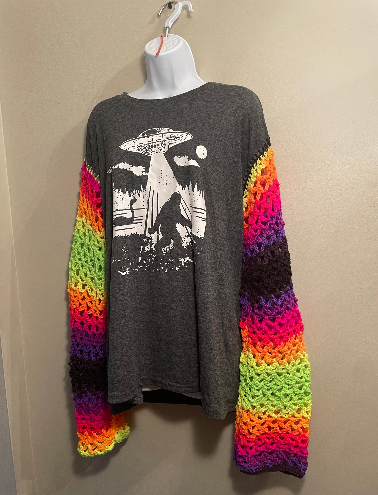 Cryptid Thrifted Upcycled Neon Cryptids Mesh Sleeve Tee Size 2XL