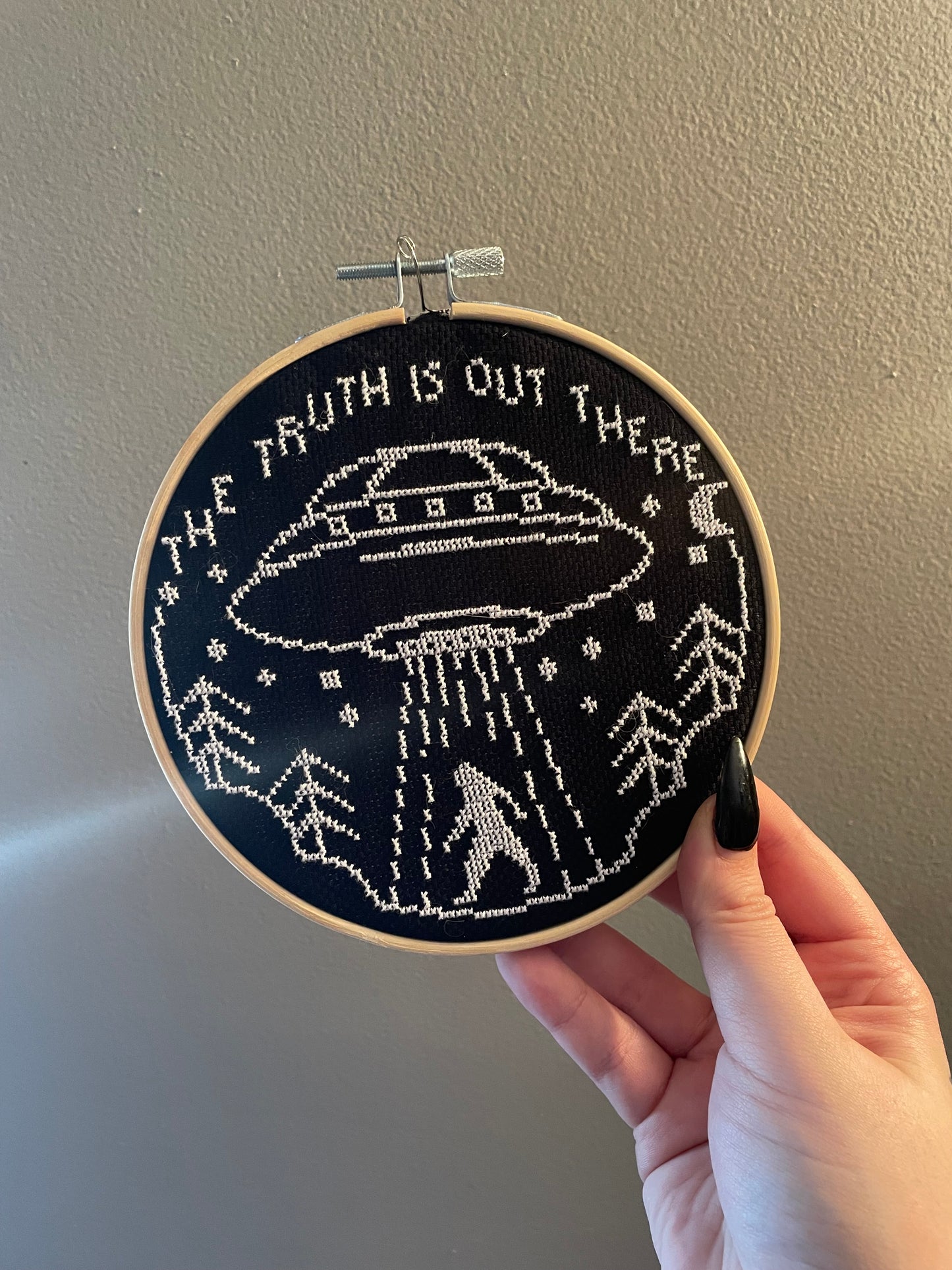Cross Stitch “The Truth is Out There” in Hoop