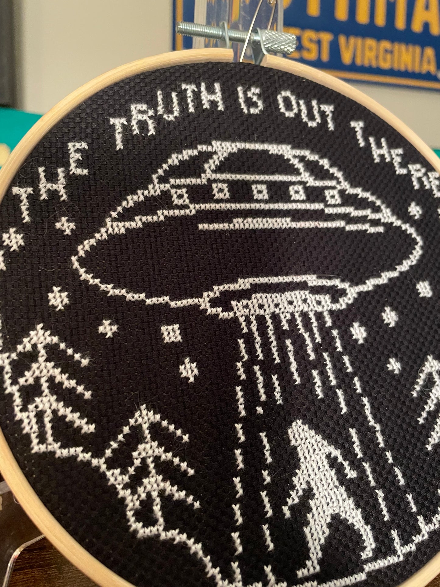 Cross Stitch “The Truth is Out There” in Hoop