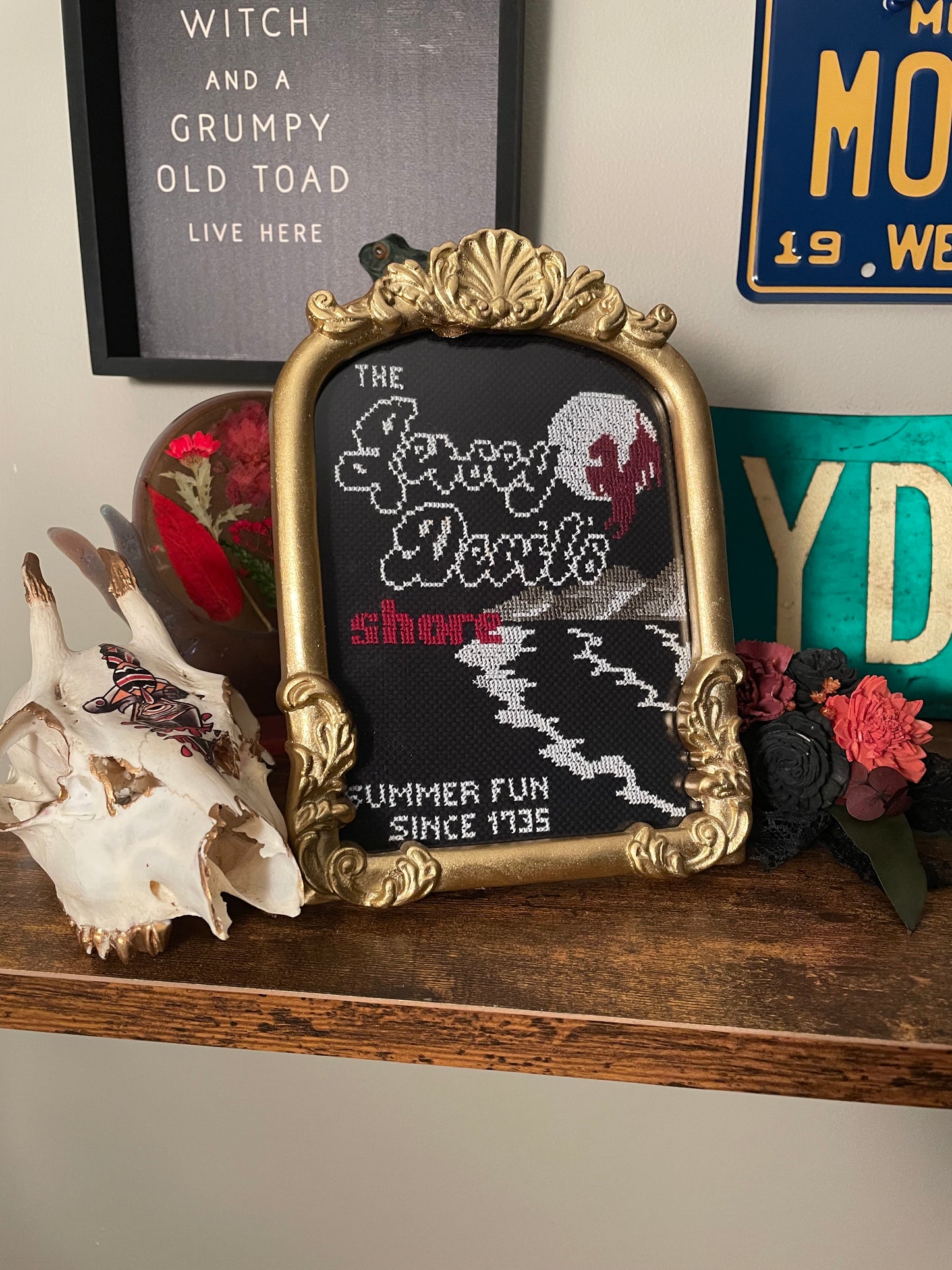 Cross Stitch “The Jersey Devil’s Shore” in Vintage Style Frame