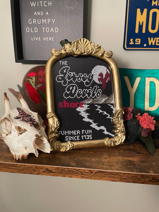 Cross Stitch “The Jersey Devil’s Shore” in Vintage Style Frame