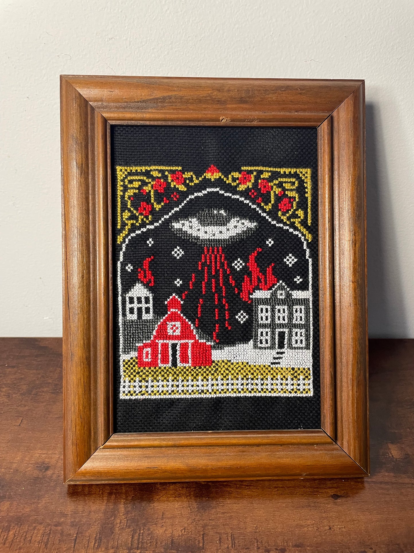 Cross Stitch Vintage UFO Farm Framed