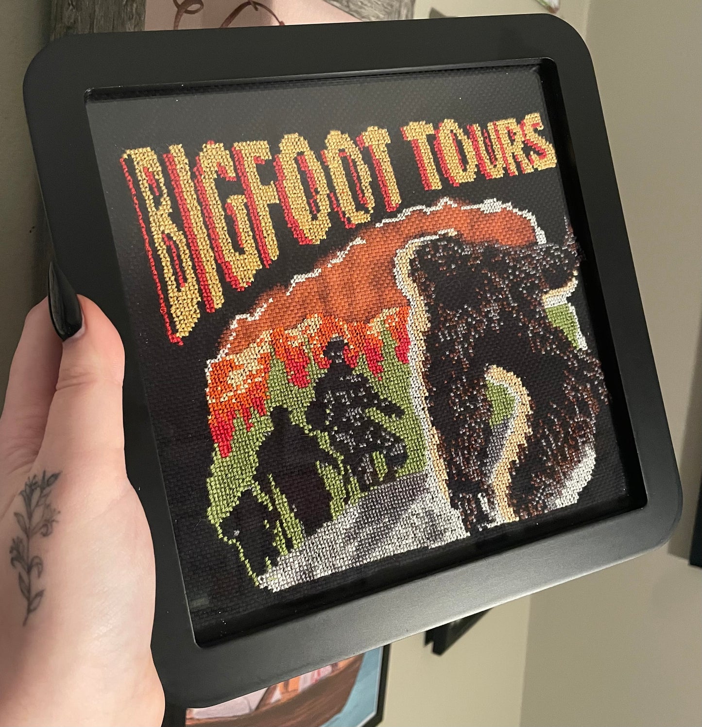 Cross Stitch Bigfoot Tours Framed