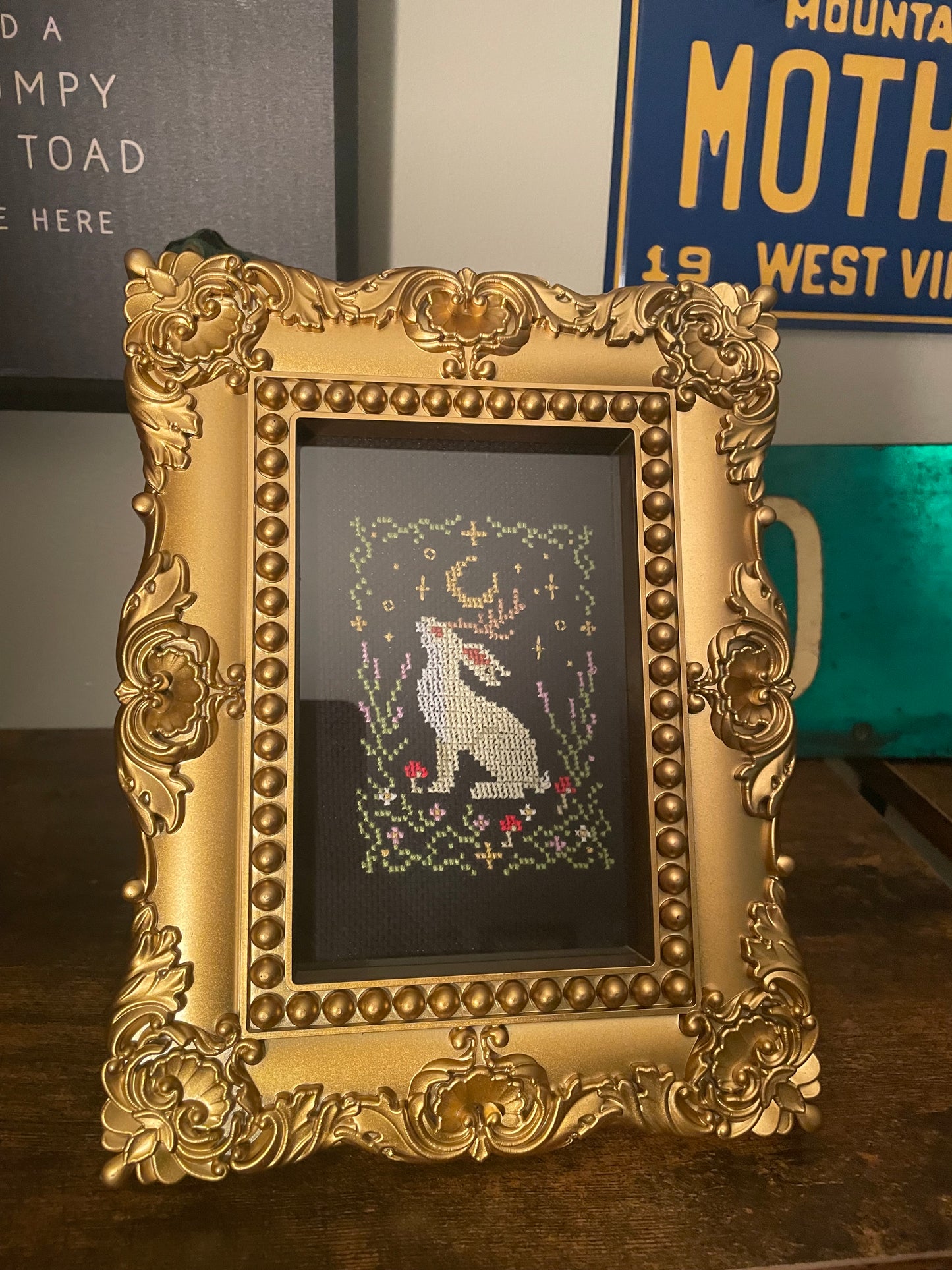 Cross Stitch Moonlight Jackalope Framed