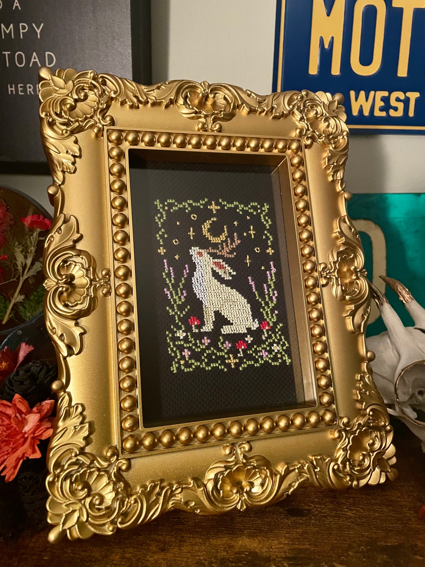 Cross Stitch Moonlight Jackalope Framed
