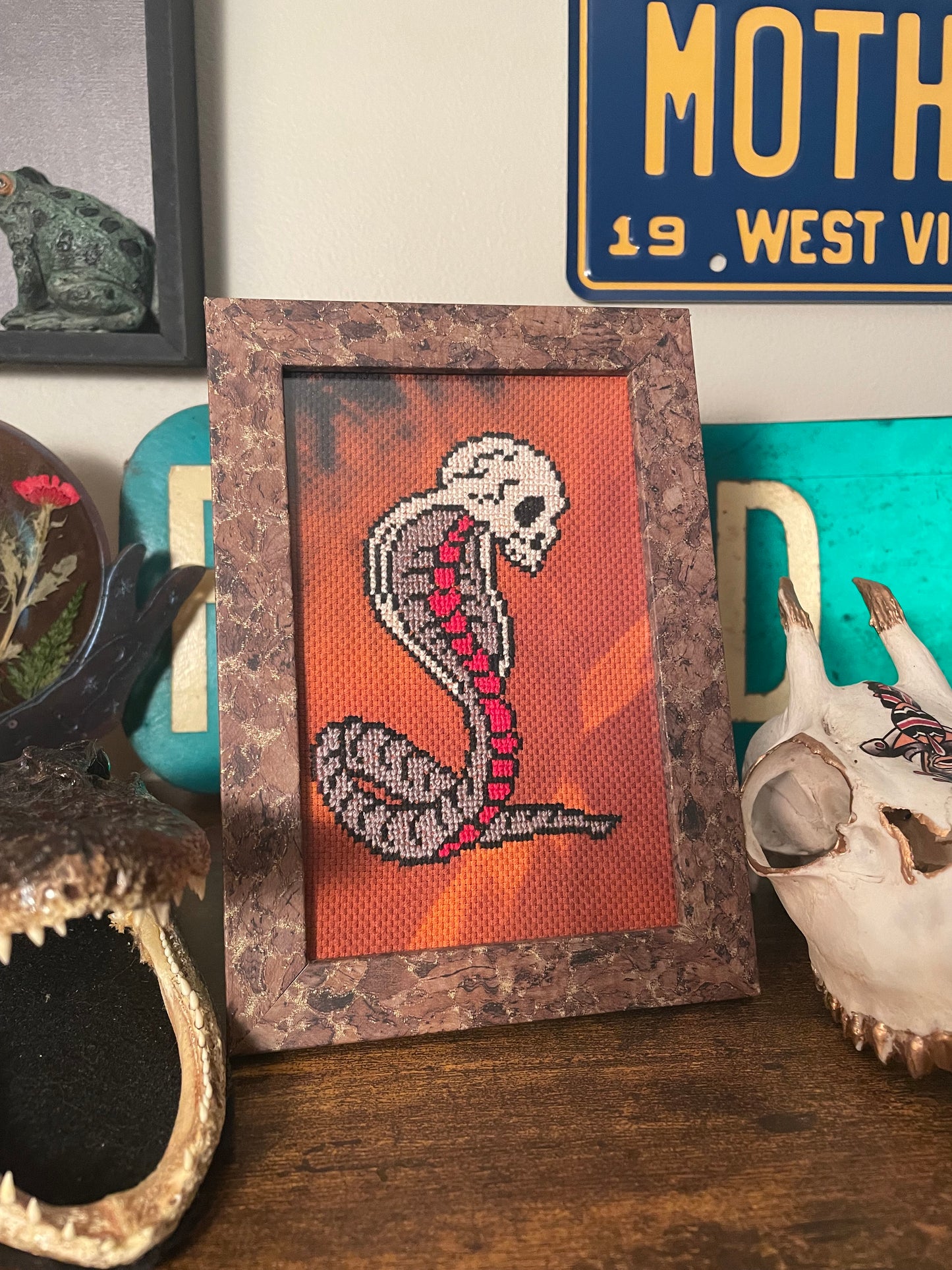 Cross Stitch Cobra Skull Framed