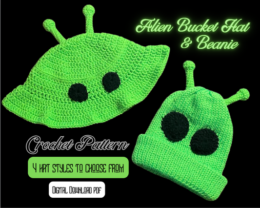 DIGITAL PDF DOWNLOAD* Crochet Pattern 4 in 1 Alien Bucket Hat and Beanie